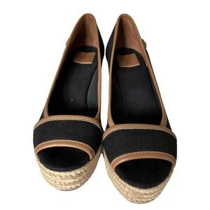 Tory Burch Black and Tan Espadrille Wedges